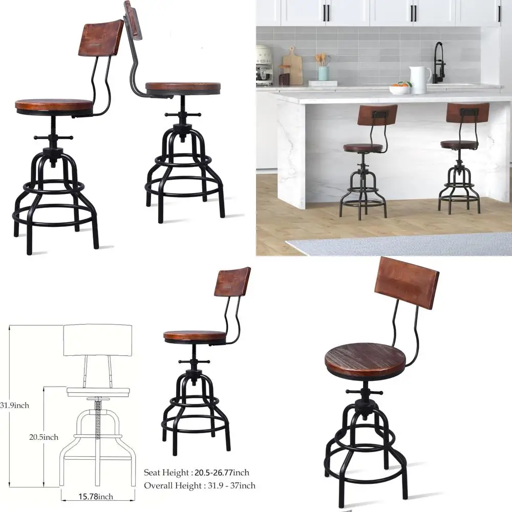 Taburete de bar giratorio ajustable de estilo vintage industrial con estructura de metal y respaldo de madera, juego de 2 sillas de altura para mostrador de cocina