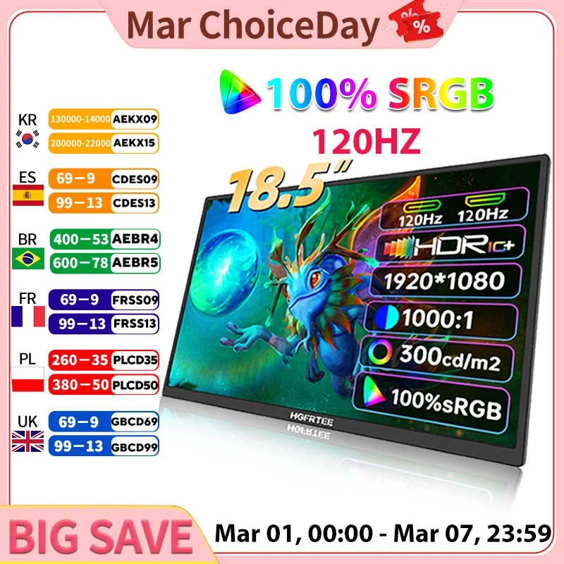 

HGFRTEE 18.5inch Portable Monitor ADS-IPS 120Hz RGB100% Extended Display Laptop Second Screen With VESA Hole&Stand