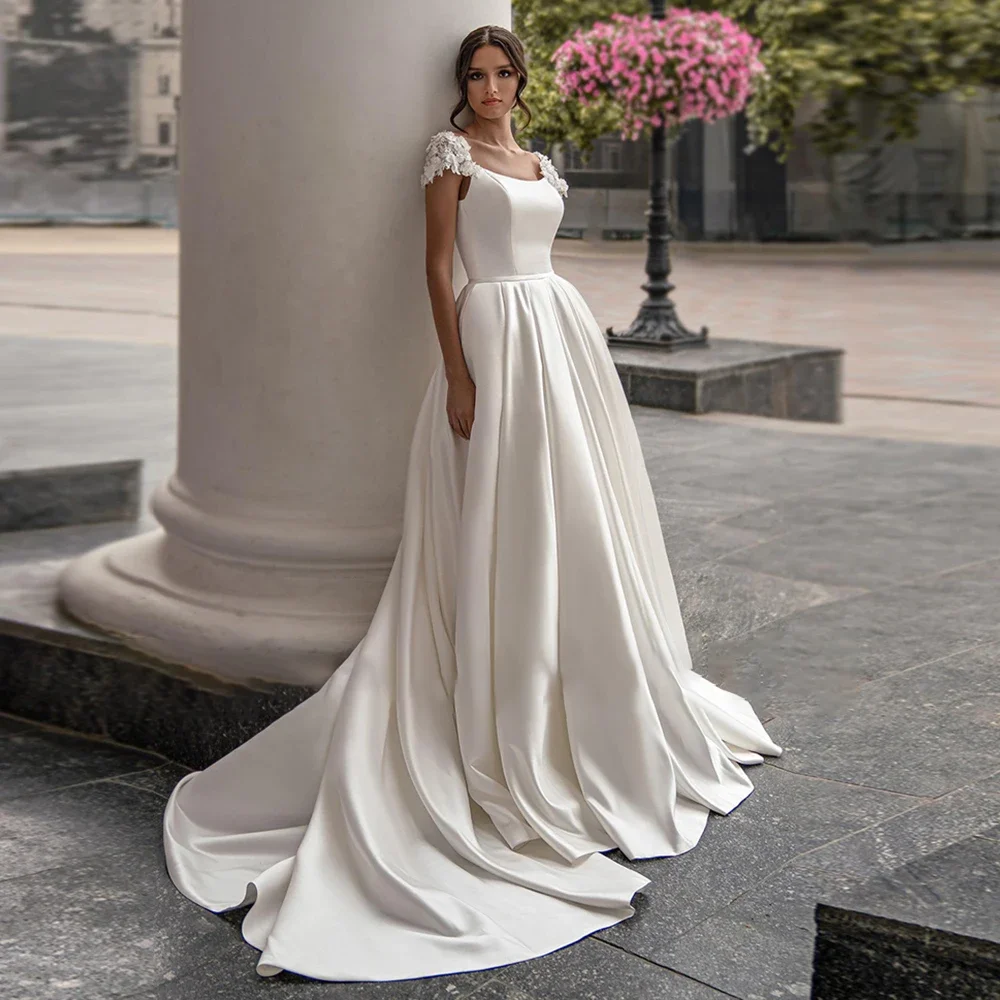 Fashion Satin Wedding Dresses White Chic Appliques Flowers Draped A-Line Gowns Elegant Sweep Train Women Bridal Dresses 2025