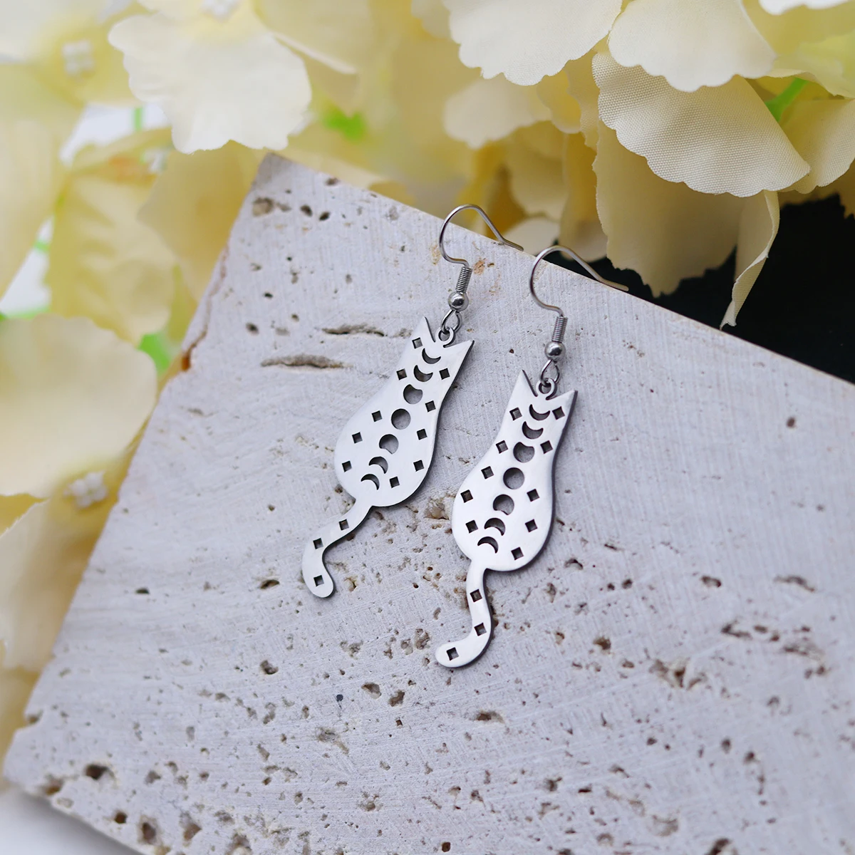 Kinitial Cute Cat Phase of the Moon Earrings For Women Men Stainless Steel Ear Piercing Jewelry Party Gift