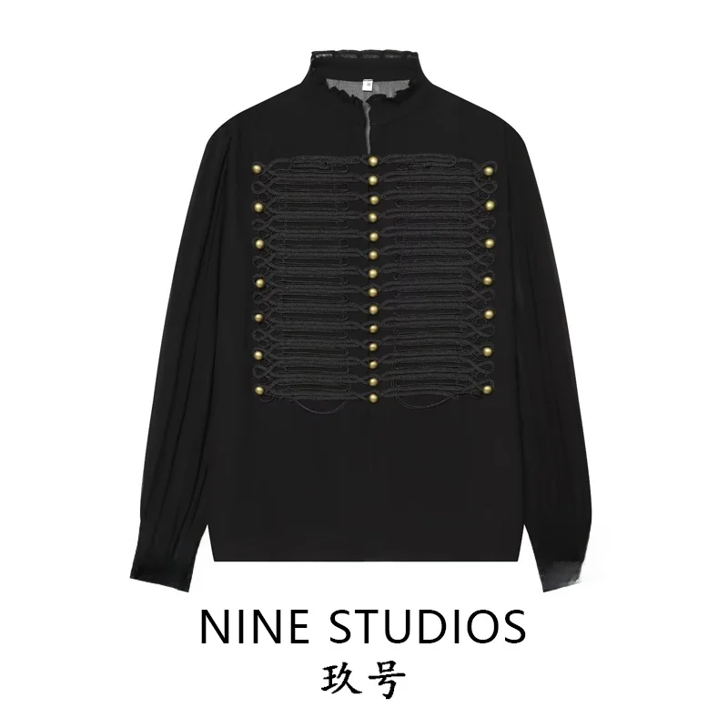 Nine Zar Women's Loose Long Sleeve Shirt Micro Transparent Button up Rope Knot Casual Chic European Style Winter Fashion Top