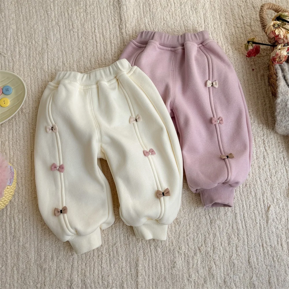 2024 Korean Winter Baby Girls Pants Cotton Plus Velvet Knotbow Loose Versatile Infant Girls Pants Toddler Girls Trousers