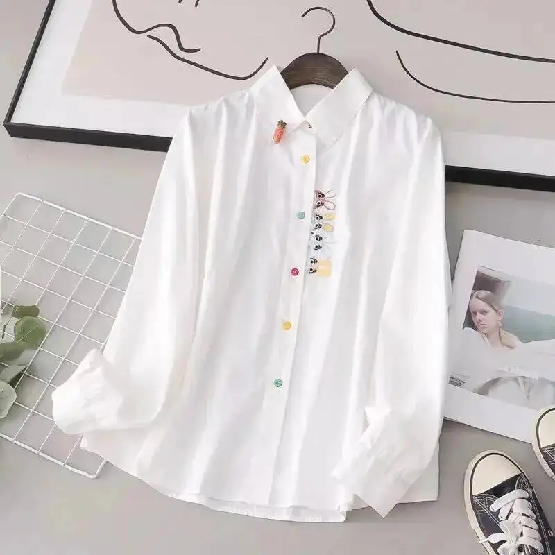 

Women Spring Autumn Style Blouses Shirts Lady Casual Long Sleeve Turn-Down Collar Cartoon Embroidery Blusas Tops