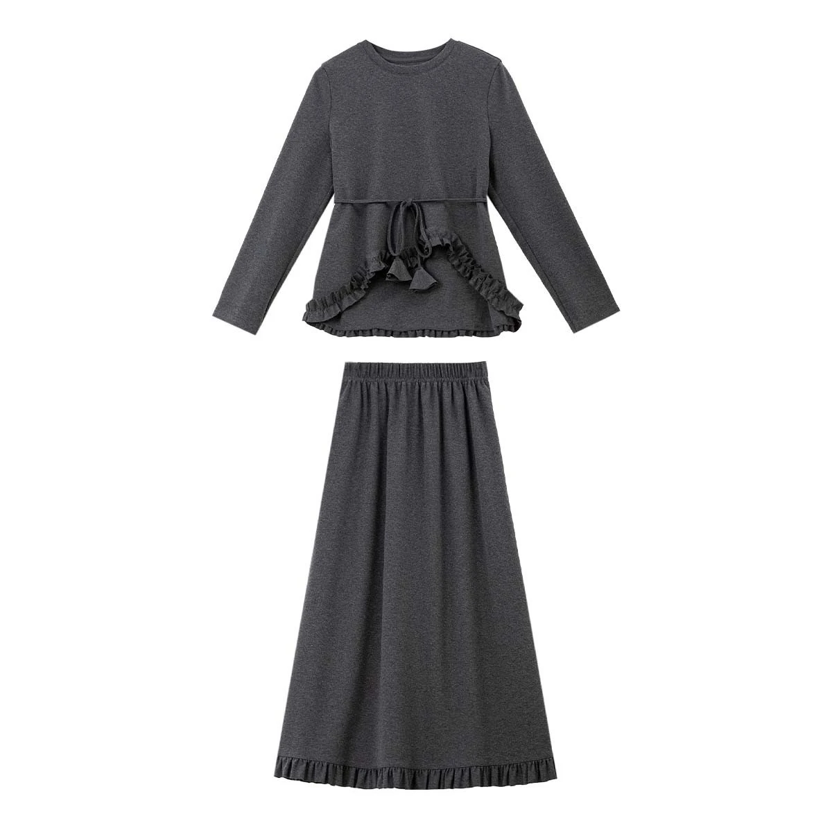 VIMLY Gray Two-piece Set Women 2026 Autumn New Ruffle Elegant Round Neck Pullover Long Skirt Office Lady Matching Outfit A3602 view 6