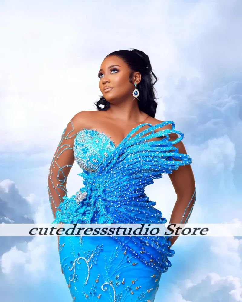 Blauwe Pailletten Kralen Zeemeermin Avondjurken Voor Vrouwen Aso Ebi Lange Crew Prom Jassen Luxe Feestjurk Vestido De Gala Aangepast