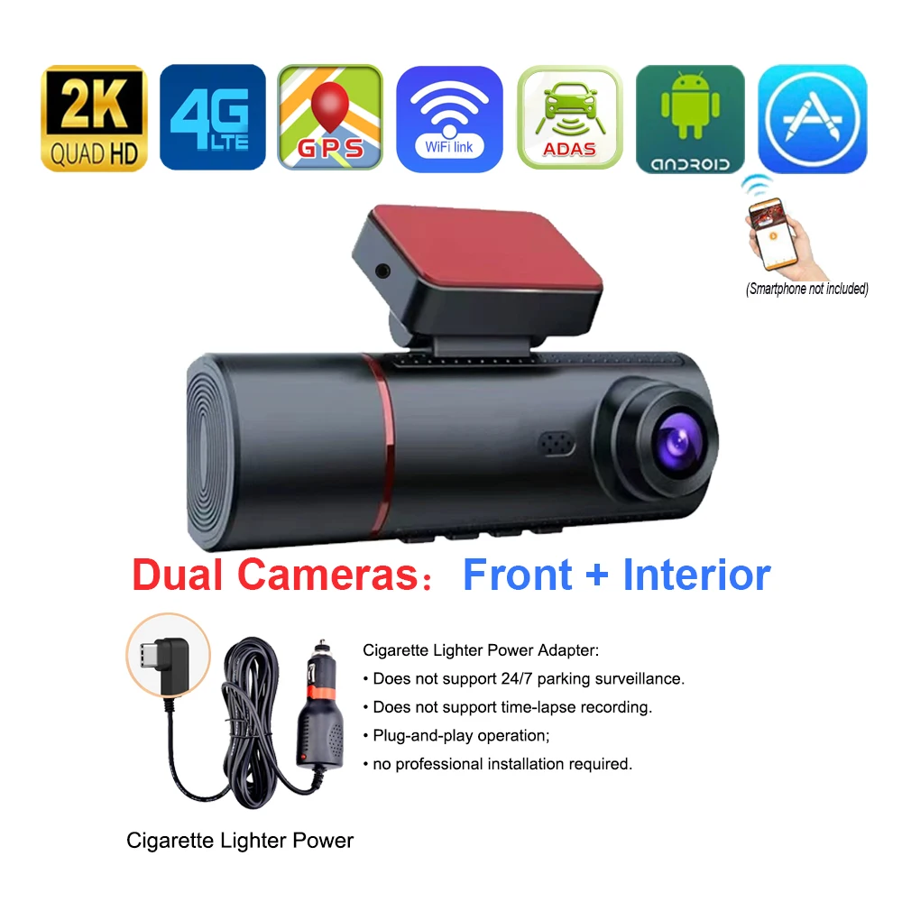 4G-LTE Verborgen 3CH 2K Dashcam ADAS Sentry GPS RemoteSnap Dodehoek 24H Parkeerapp Bewegingsdetectie G-sensor Looprecording TimeLapse Nachtzicht