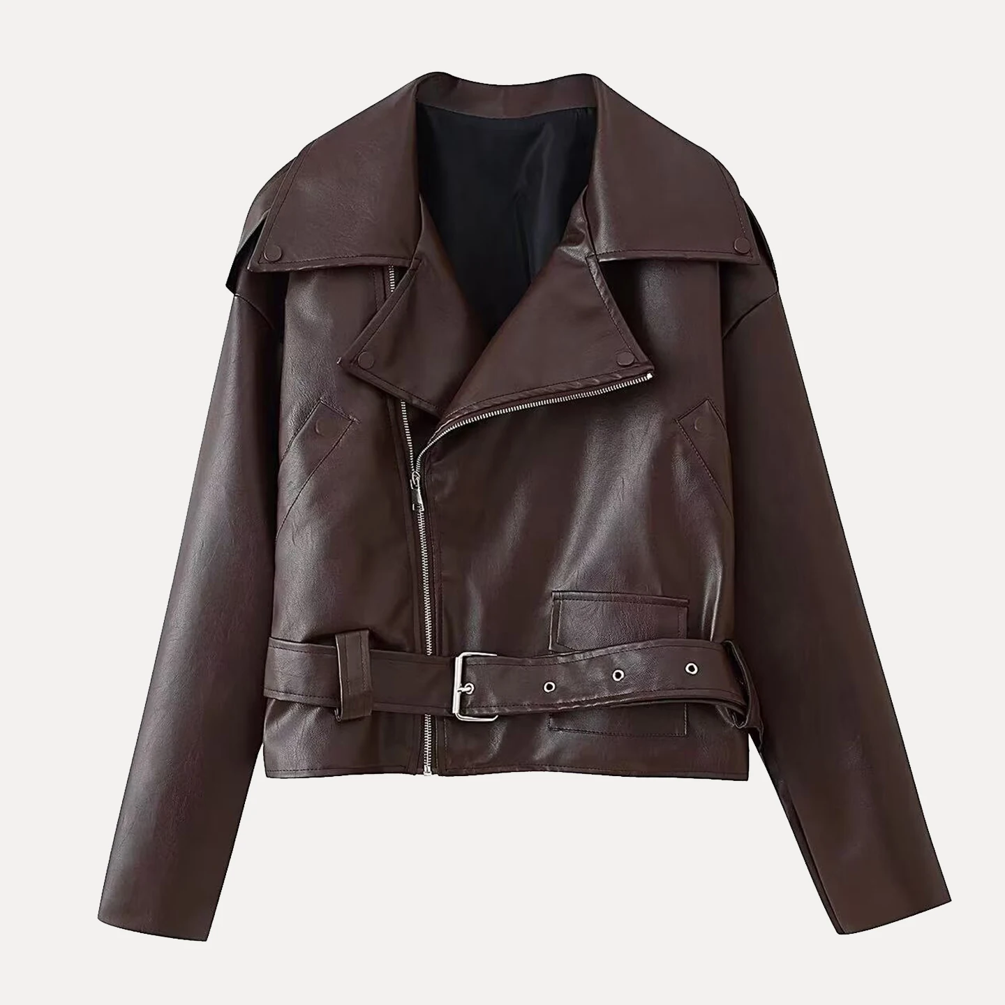 Ele ort Leather Jaet Women's Faion Vintage Sle Loose with Belt Autumn 2025 New Arrival Youth Casual Zipper