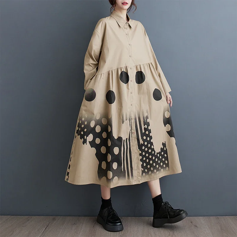 Japanese Yamamoto Dark Style Patchwork Polka Dot Print Loose Chic Street Fashion Women Spring Long Sleeve Casual Shirt Dresses