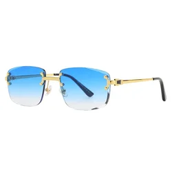 Retro Rimless Sunglasses Men Women Metal Frame Square Streetwear Eyewear UV400 Gradient Blue Color Sun Glasses