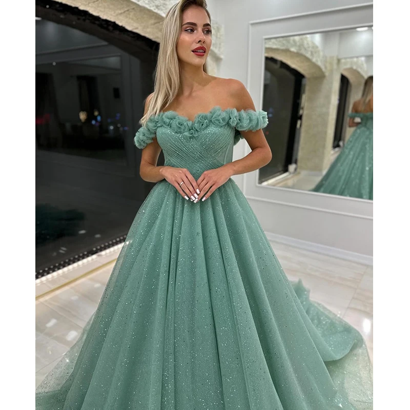 

Simplicity Evening Dress Ruffled Organza With Sequins A-Line Floor Length Wedding Dresses Boat Neck Sleeveless Prom Dresses Butt