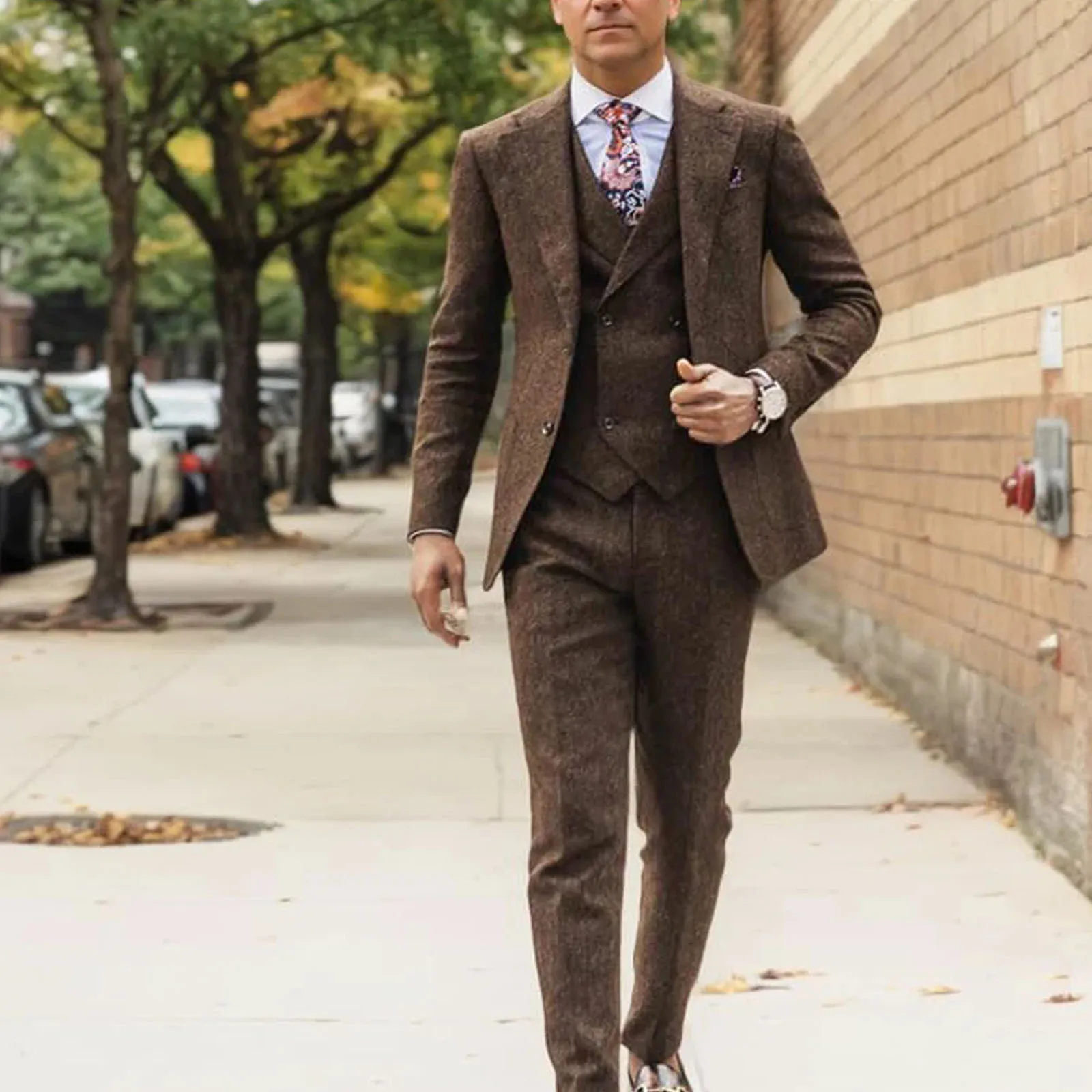 

3 Pieces Men's Suits Tweed Herringbone Slim Fit Business Waistcoat Jacket Groomsmen Wedding Suits Tuxedo (Blazer+vest+Pants)