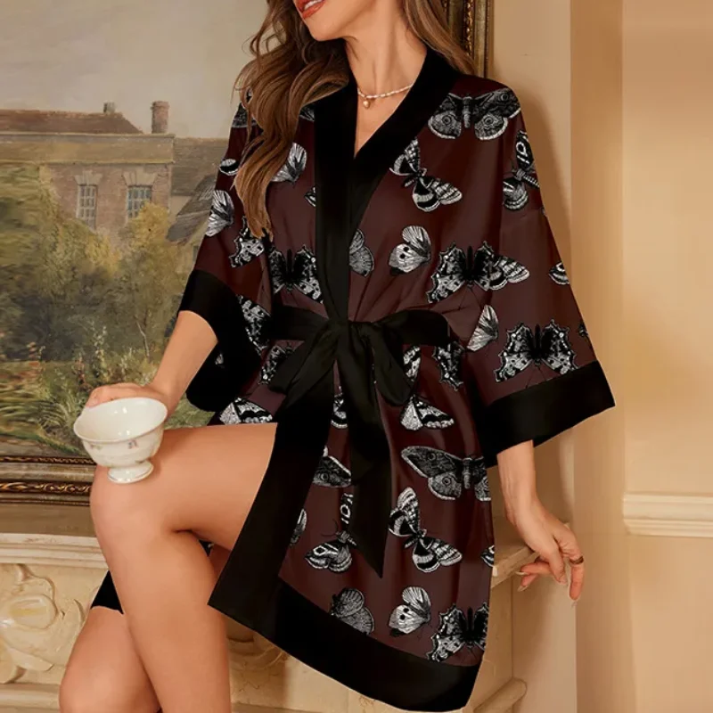 Novelty Print Kimono Yukata Homewear Large Size Women's Robe Wedding Morning Gown Bathrobe  Casual Satin Loungewear Sleepwear