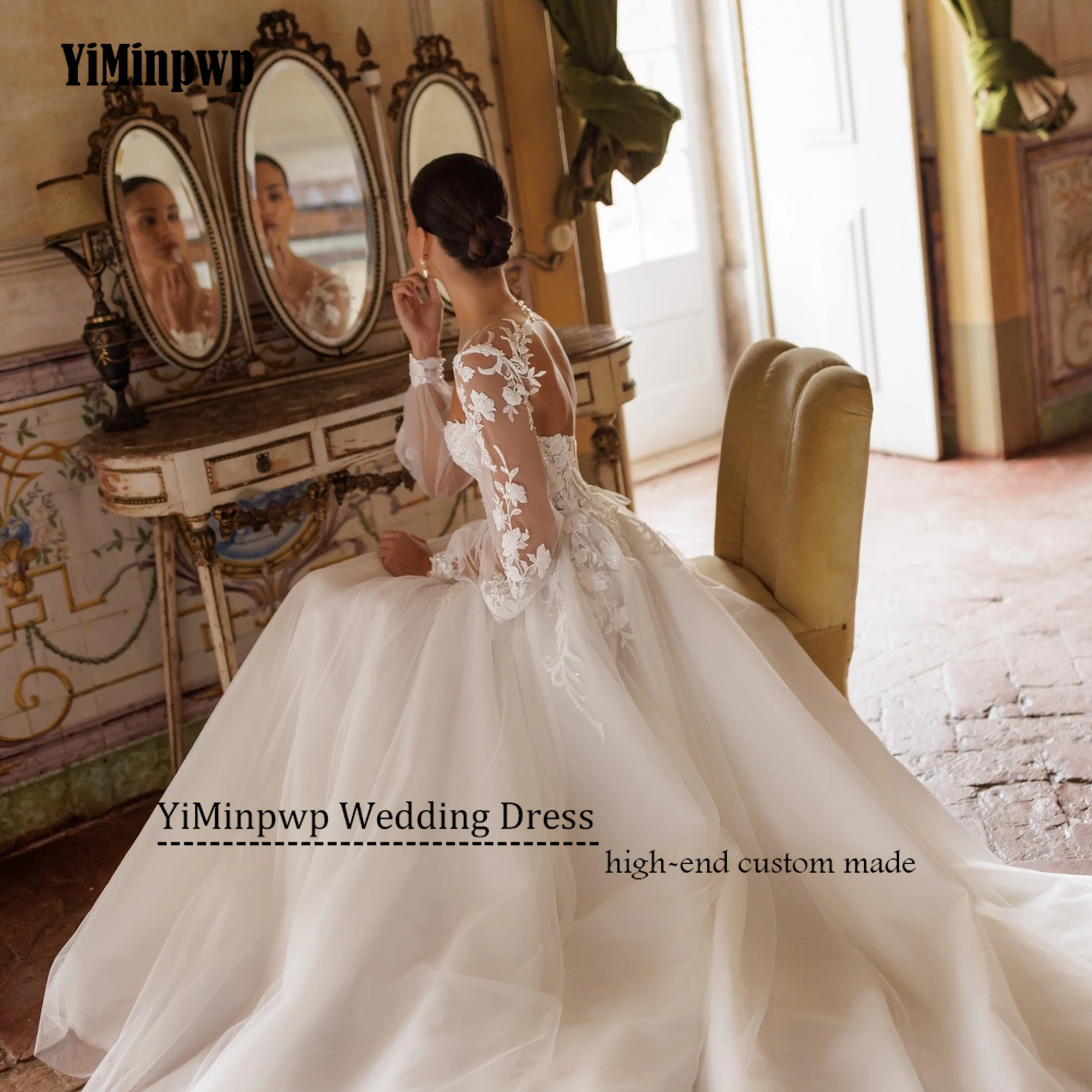 Abito da sposa in pizzo personalizzato O-Collo Manica a sbuffo Tulle Principessa Abiti da sposa abiti da sposa 2025 A-Line Applique Lace Up