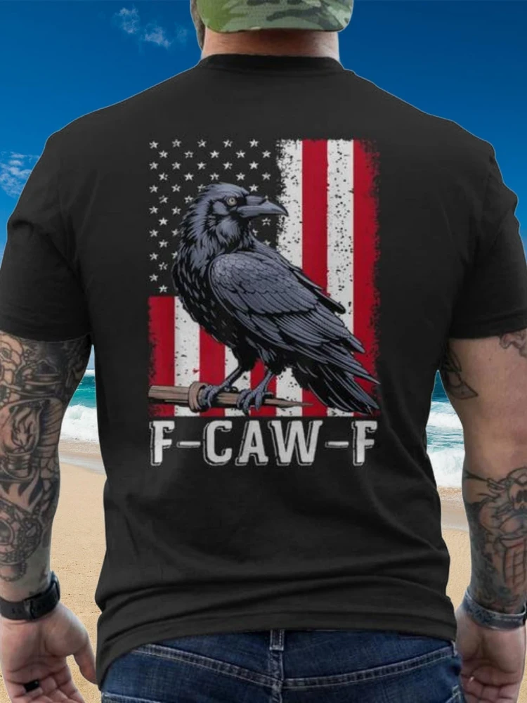 

F- Caw- F Patriotic Black Crow Graphic-Retro USA Flag Design with American Flag & Raven-100% cotton printed men's T-shirt.