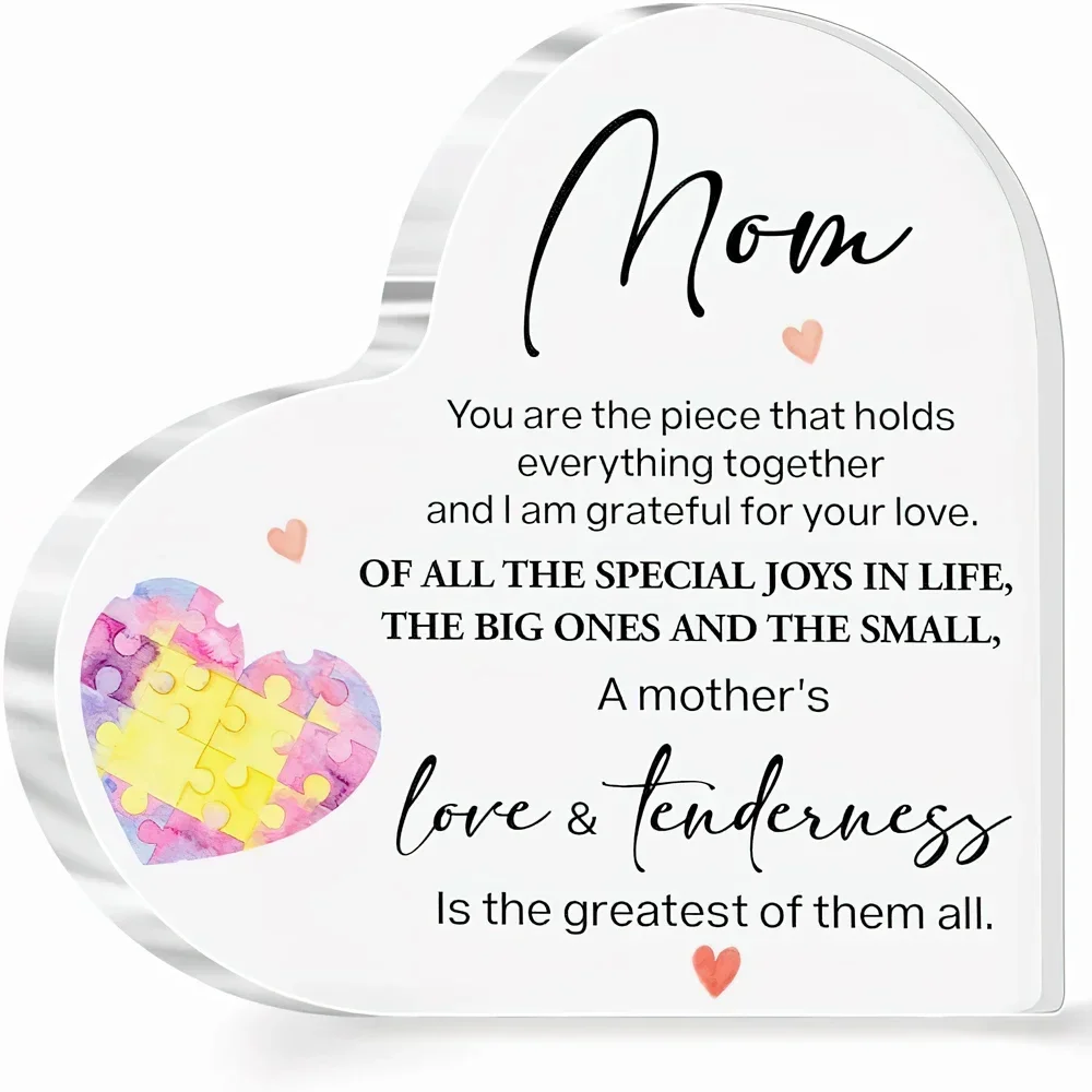 Mother's Love & Tenderness Heart Shaped Acrylic Sign Thank You Mom Present,Heart Acrylic Plaque Mom Gift Watercolor Puzzle Heart Mother's Day Desktop Ornament
