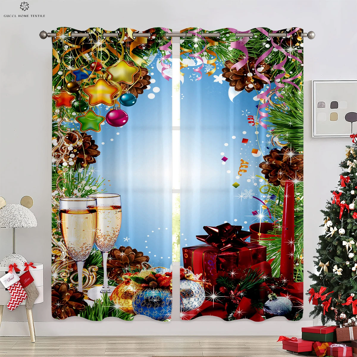 

2pcs Santa Claus Snowflake Bell 3D Printing Curtain Polyester Machine Washable Party Decoration Curtain Kids Gift
