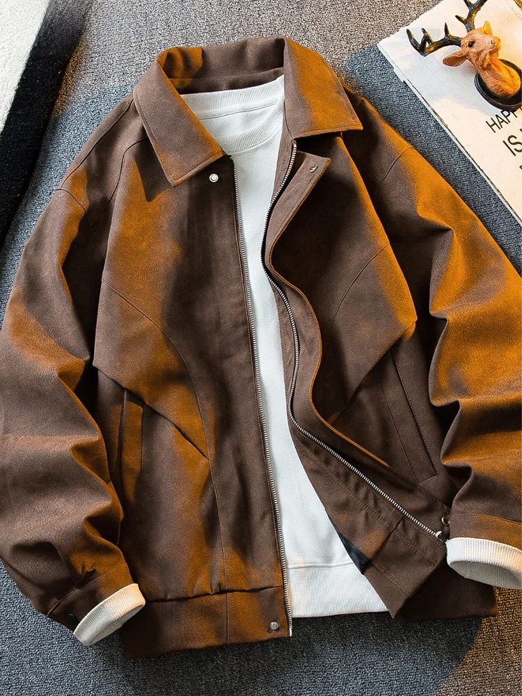 

High-End Brown Leather Jaet Men's Sle Autumn Winter New Trend Brand Motorcycle Windproof Men's Outerwear Flip Collar