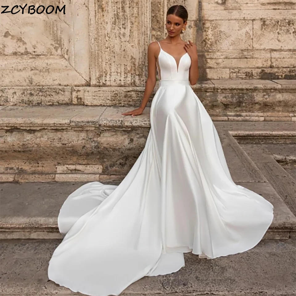 

New Sexy Spaghetti Straps Sweetheart Soft Satin A Line Wedding Dresses 2023 Open Back Court Train Tulle Bridal Gowns For Women