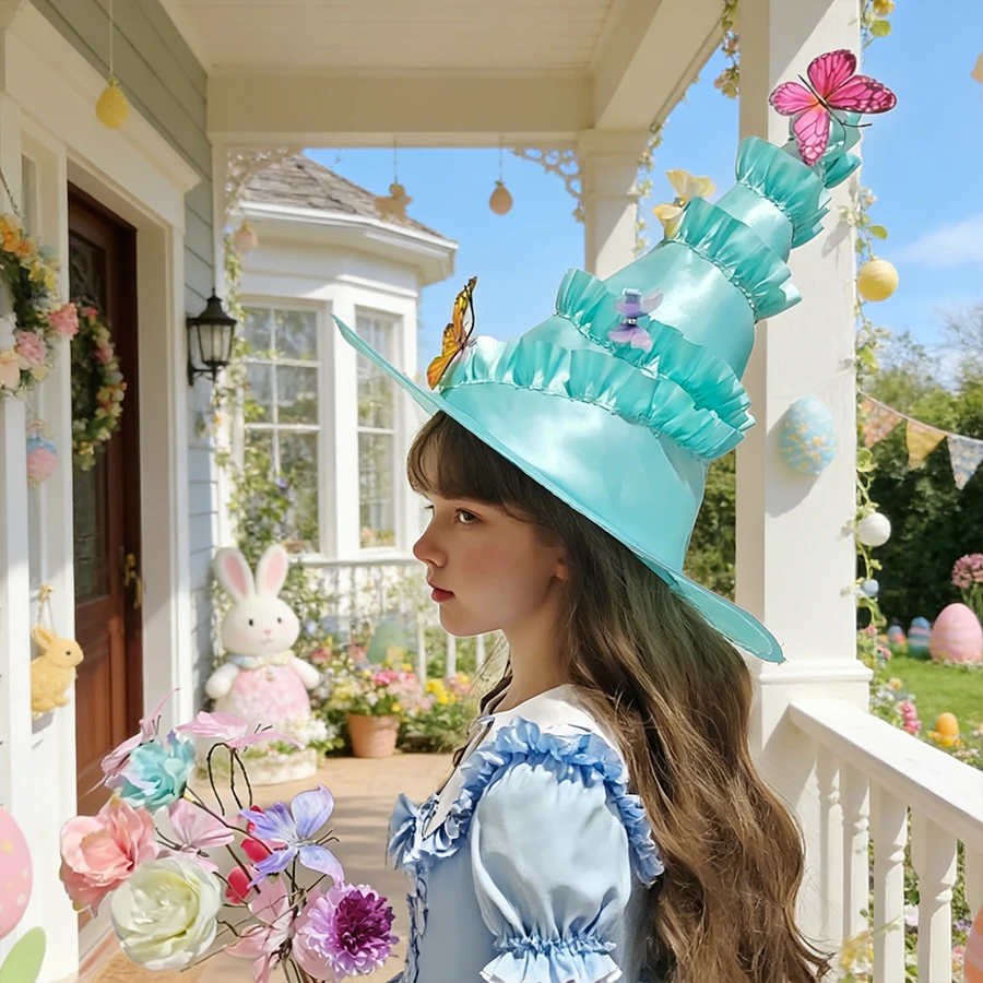 1pc mint blue ruffled edge hat with imitation butterfly decoration spring outfit flower fairy hat Easter carnival school party view 3