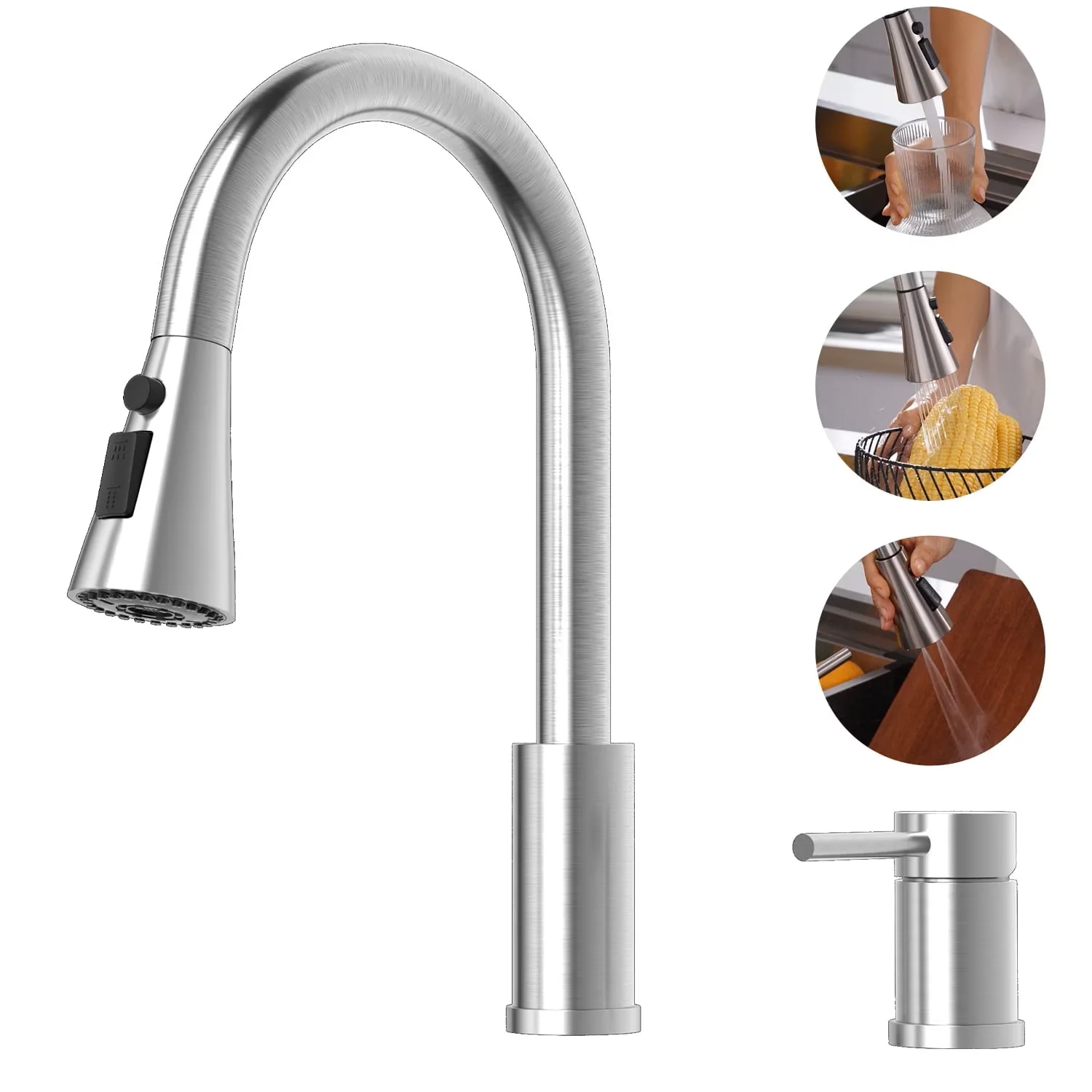 APPASO Brushed Nickel 2-Hole Pull-Down Kitchen Faucet with Soap Dispenser, 360° Swivel, 20-Inch PEX Hose, 3-Mode Sprayer for RV Farmhouse Home