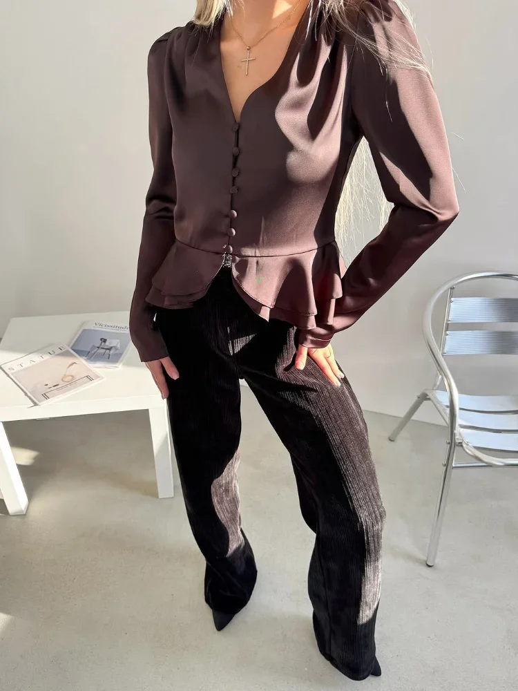 Solid Satin Cropped Shirt Women V-neck Long Sleeve Single Breasted Ruffle Short Shirts Spring Lady Daily Commute Top 2026 New