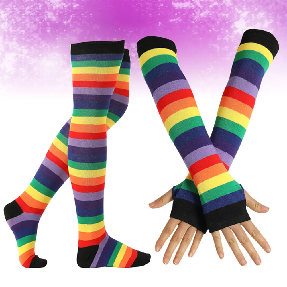 

2Pcs Rainbow Gloves and Socks Set for Women Vibrant Thigh High Colorful Leg Warmers Soft Elastic Party Dance Festival