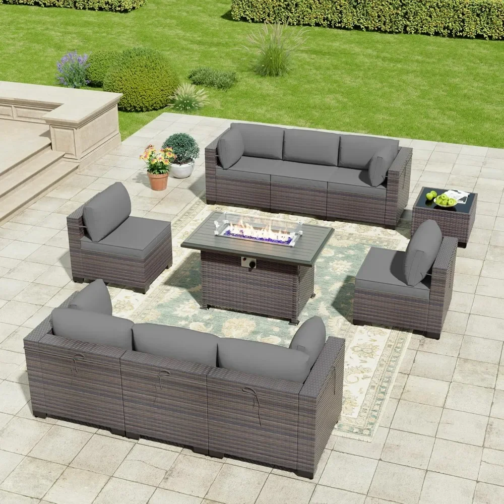 

10 Pcs Outdoor Patio Furniture Set with 55000BTU Gas Propane Fire Pit Table,PE Wicker Rattan Sectional Sofa Conversation Sets