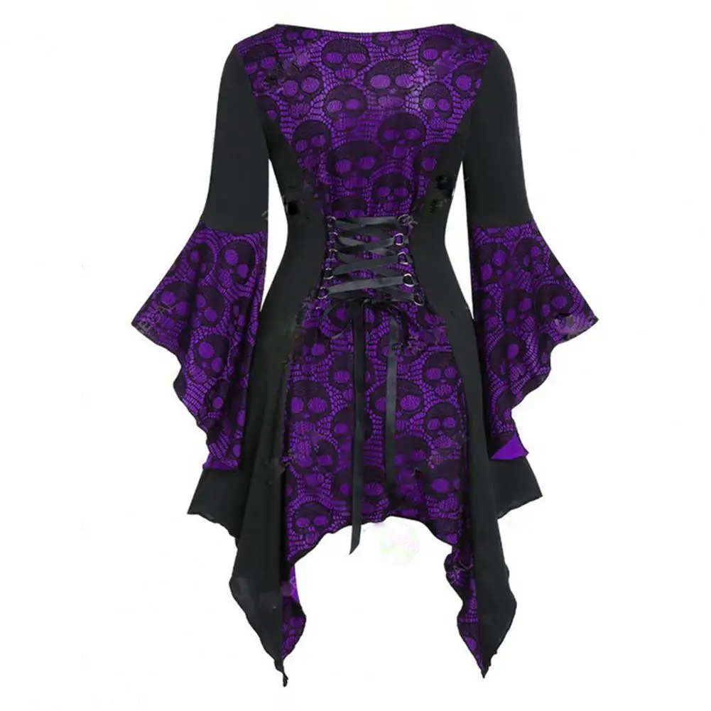 Performance Dress Medieval Skull Pattern Lace Halloween Cosplay Dress with Irregular Cuff Low-cut Button Decor Women's Vintage