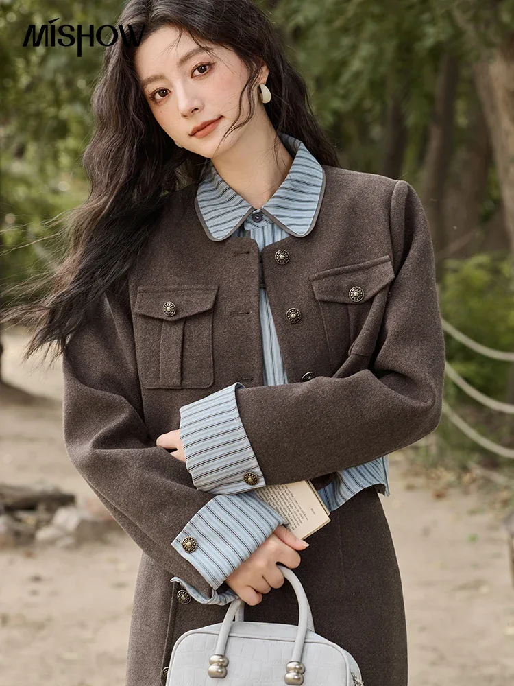 MISHOW Plaid Tweed Skirt Long-sleeved Jacket Long Skirt Separately Winter 2024 Korean O Neck Coat Front Slit Skirt MXD43W0445