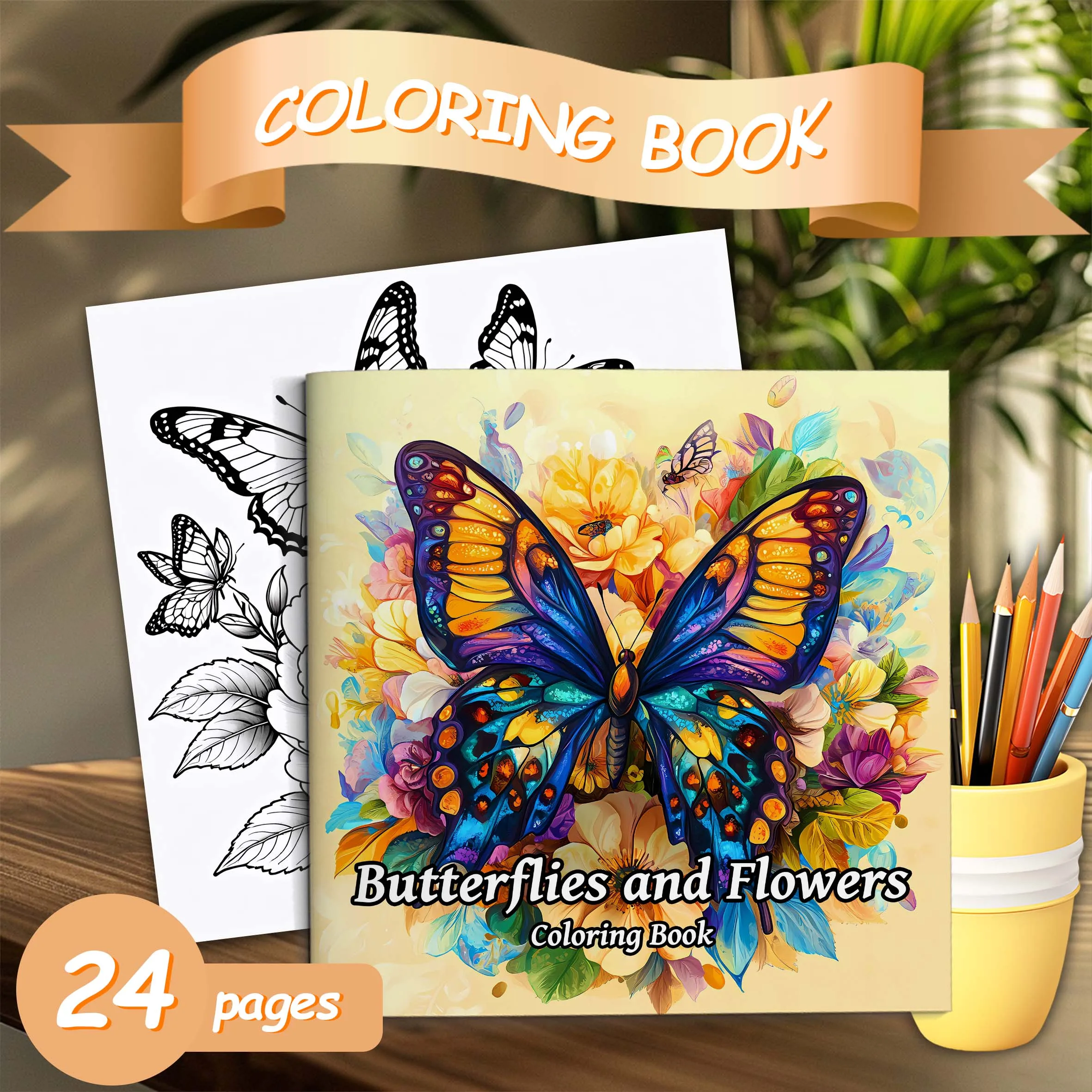 Butterfly and Flowers Adult Coloring Book - 20*20cm 24 Page Art Coloring Book - Helps Reduce Stress and Ease Emotions image 2