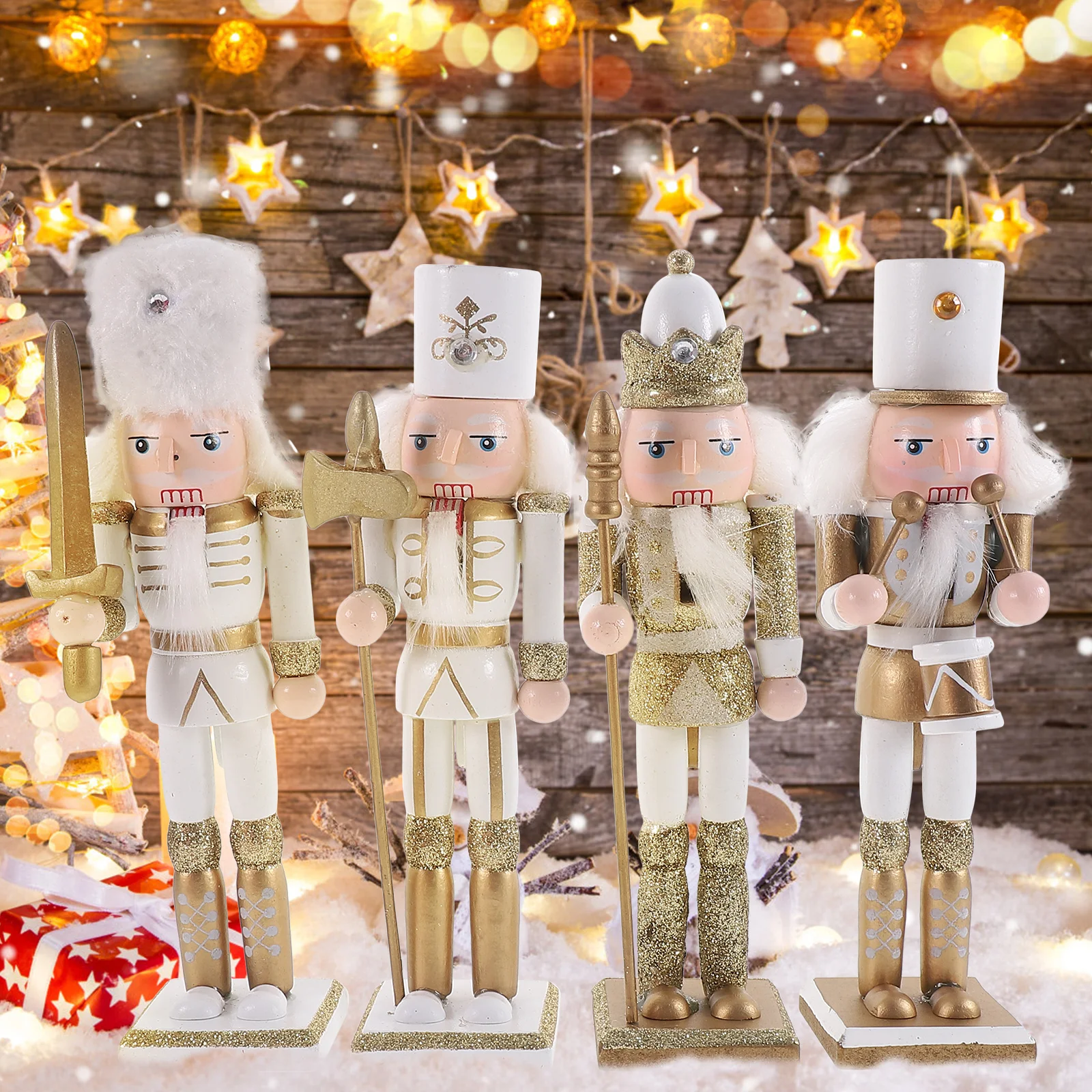 

4Pcs Nutcracker Ornament Wood Craft Decor for Holiday Home Hotel Coffee Shop Desktop Christmas Decoration Festive Gift Idea