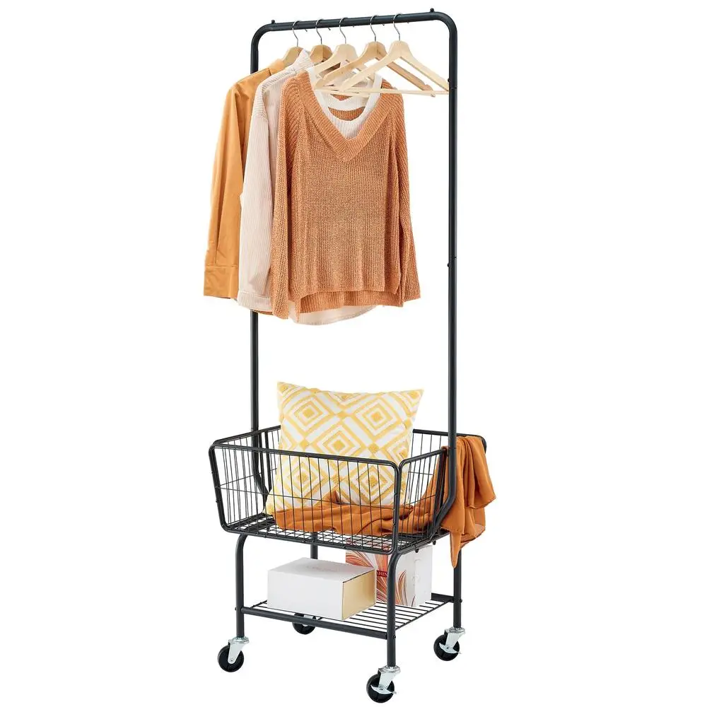 Portable Laundry Cart Hanging Rack Hamper Sorter Basket Cart with Wheels Shelf Storage Organizer