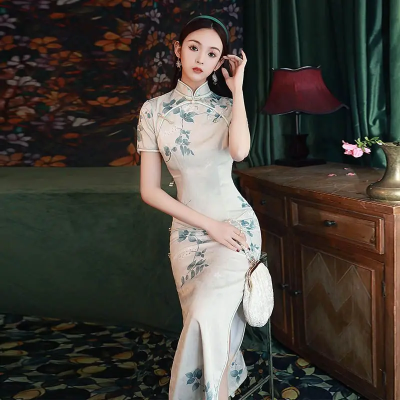 

Yourqipao Retro Chinese Traditional Cheongsam Evening Dresses New Summer Improved Hanfu Skirt Women Plus Size Long Slim Dress