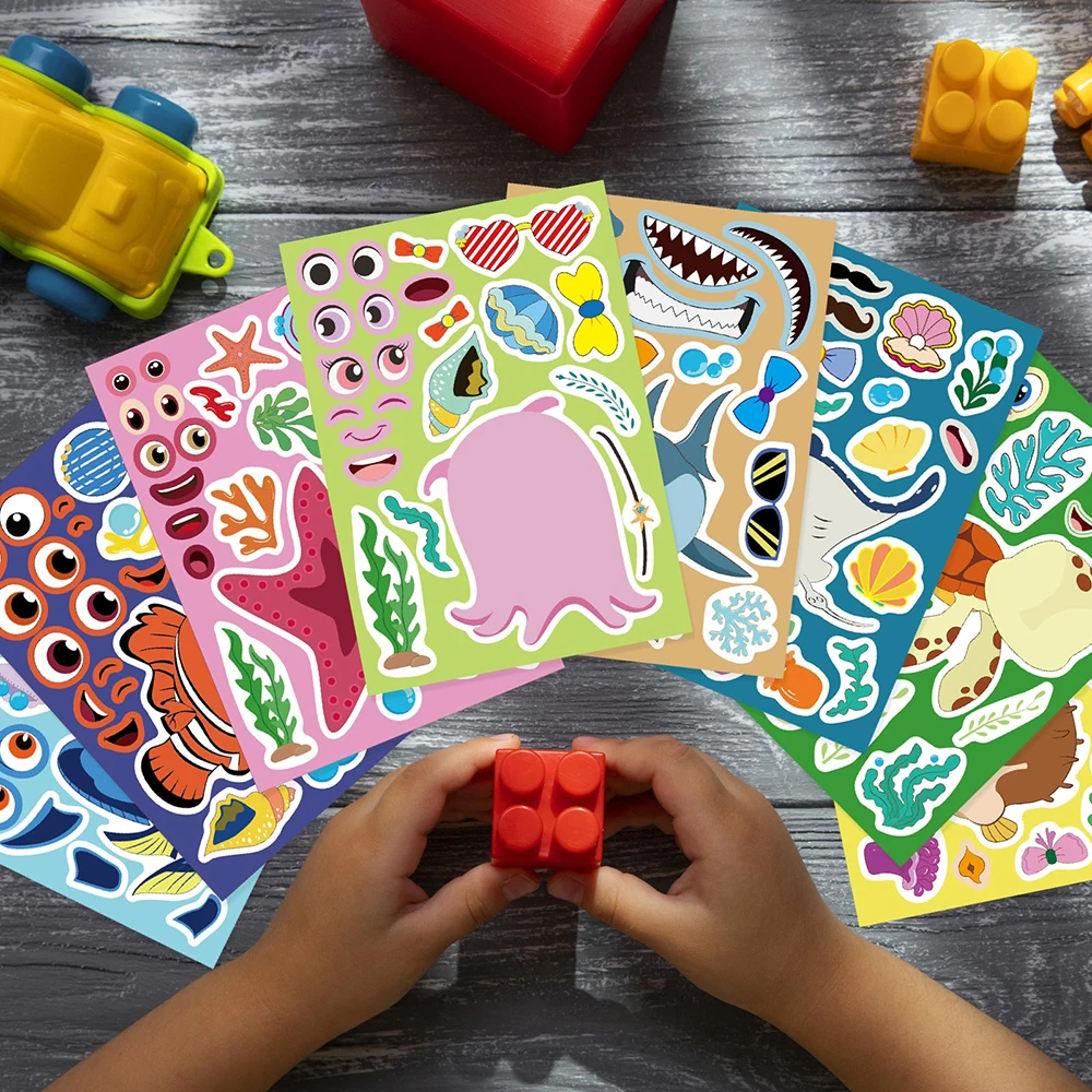 8/16Sheets Make a Face Ocean Animal Puzzle Stickers Create Your Own Shark Turtle Children Sea Themed Game Jigsaw Kids Toys Gifts