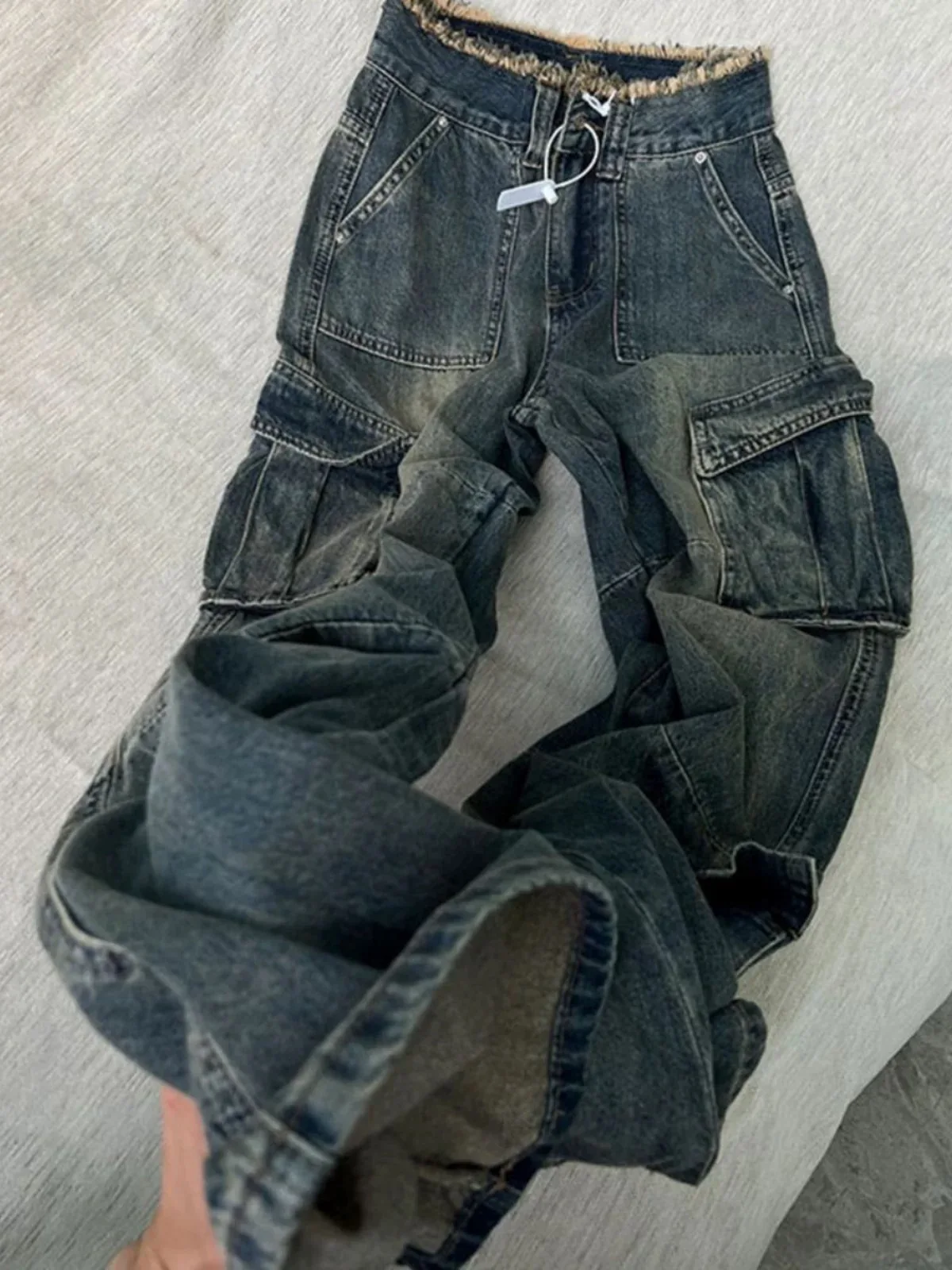 Jeans cargo vintage americani Pantaloni svasati con tasche grandi a vita alta da donna Cintura sfilacciata Streetwear Pantaloni in denim Harajuku Y2K