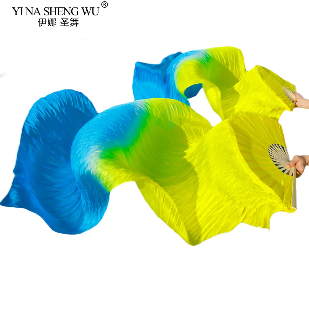ارتفاع بيع 100% الحرير الحقيقي 1 زوج الخيزران الأضلاع اليدوية مصبوغ طويل الحرير الرقص الشرقي المشجعين الرقص الأصفر + الفيروز 120/150/180x90 سنتيمتر #1