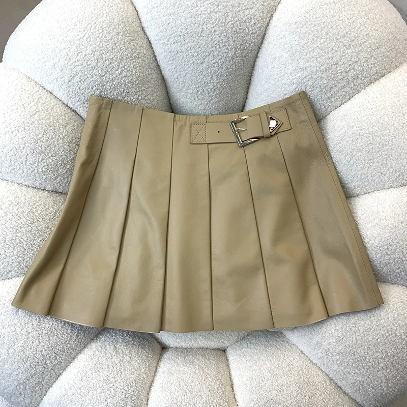 Genuine Sheepskin Skirts for Women 2024 Korean Style Women\'s High Waist A-line Real Leather Skirt Slim Fit Short Pleated Skirt