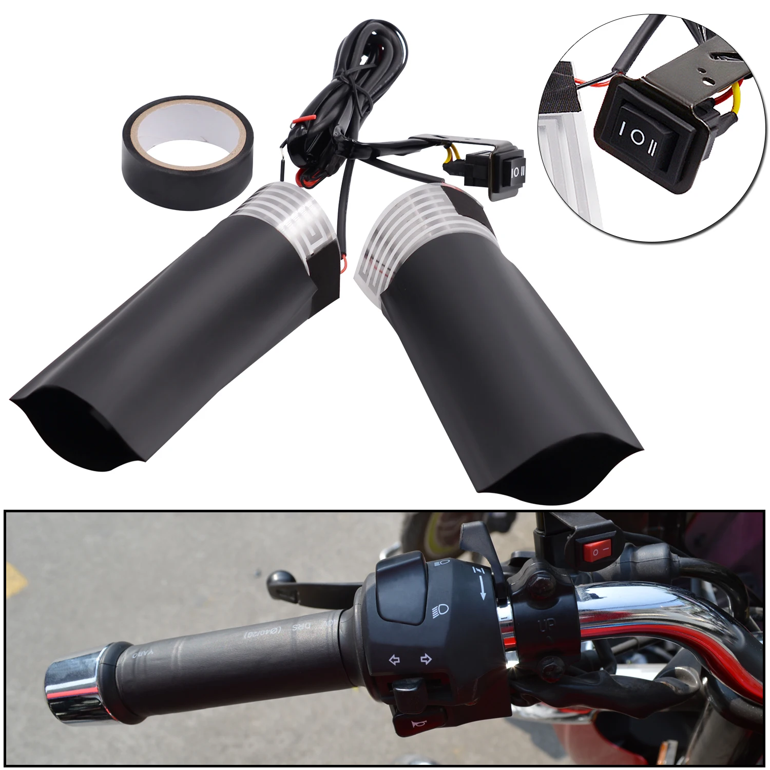 12V Motorcycle Heated Grips Cover Pad Universal Handlebar Grip Adjustable Switch Temperature Settings Waterproof Insulation Tape