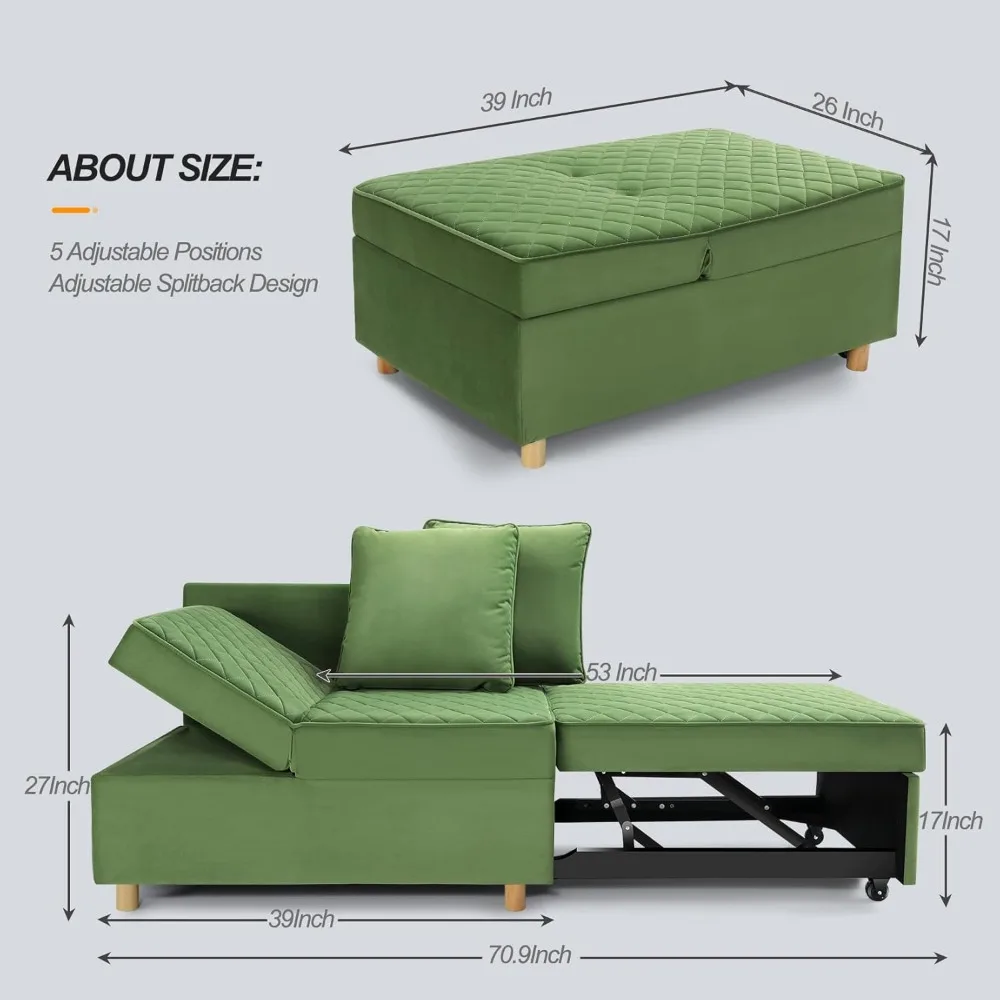 Love Seat Sofa with 5 Level Adjustable Backrest, Sleeper Sofa Tufted Couch Bed with Adjustable Armrests for Apartment