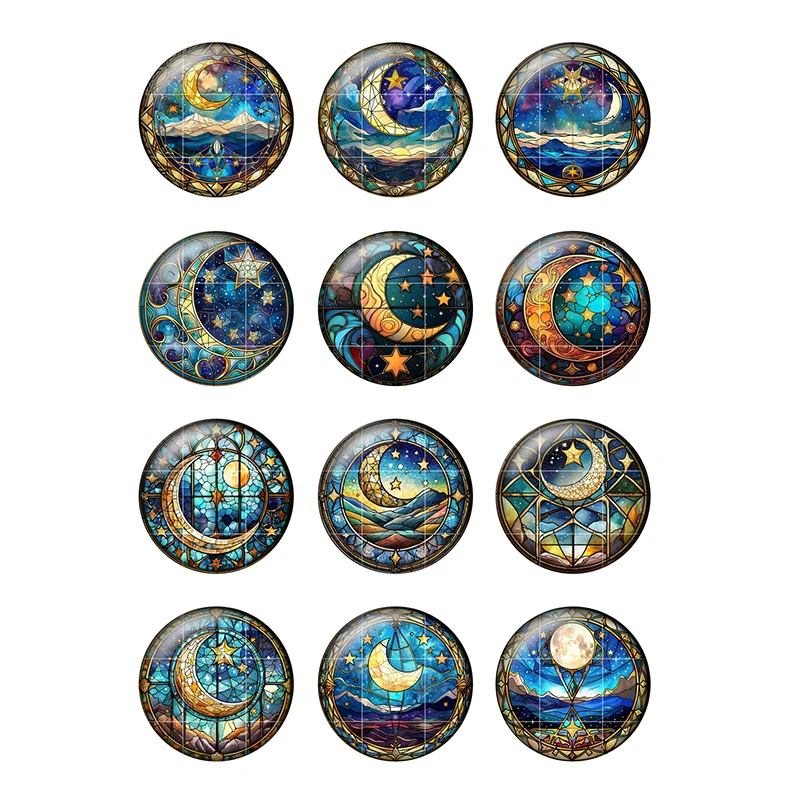 24pcs/lot Colored Moon and Stars Art Patterns 8mm/12mm/18mm/25mm Round Photo Glass Cabochon Demo Flat Back Making Findings H308