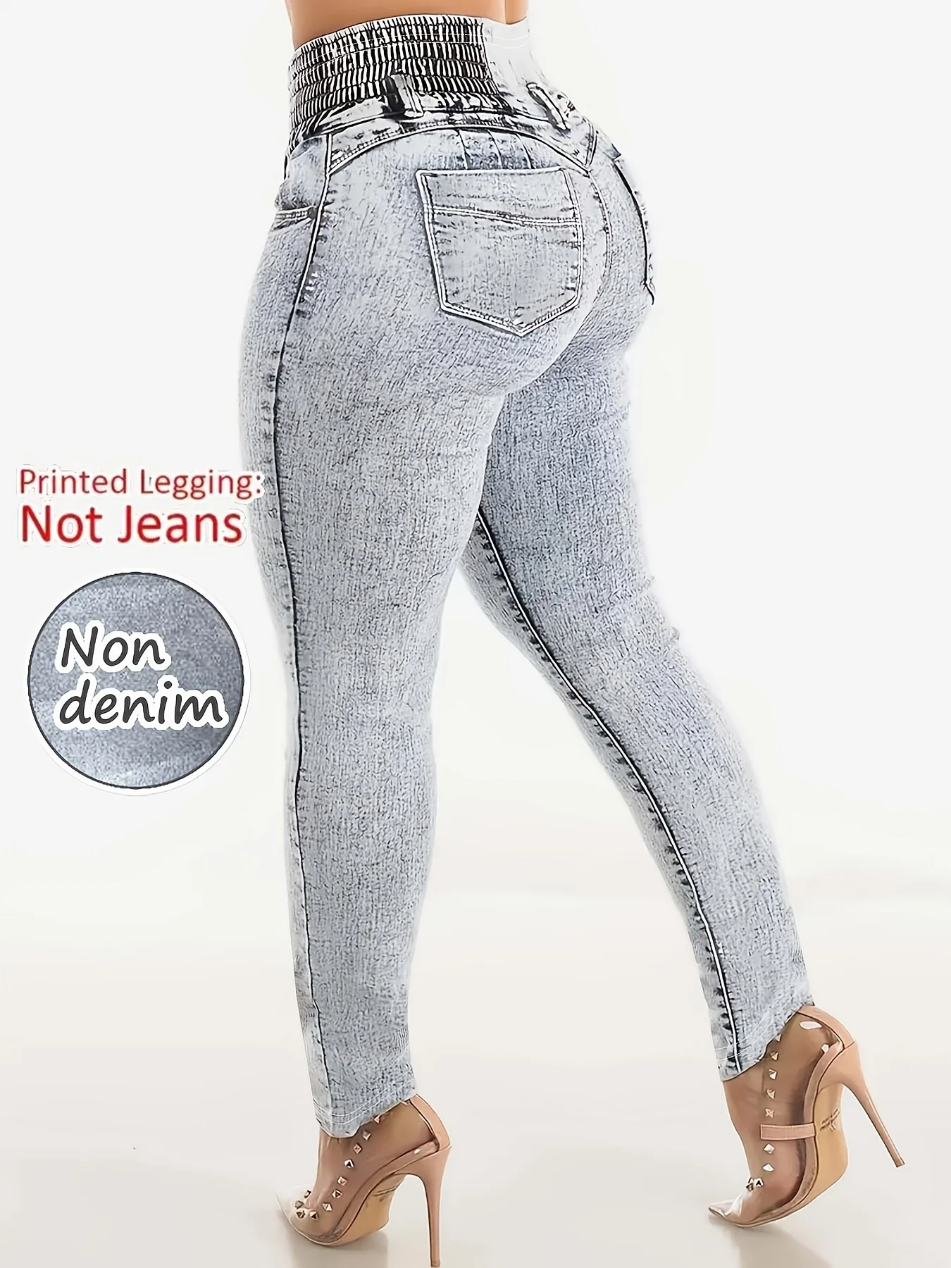 Women Printed Leggings Not Denim Fabric, Fake Pocket & Button Print Design Pants, High Elastic Fashion Slim Fit Skinny Casual