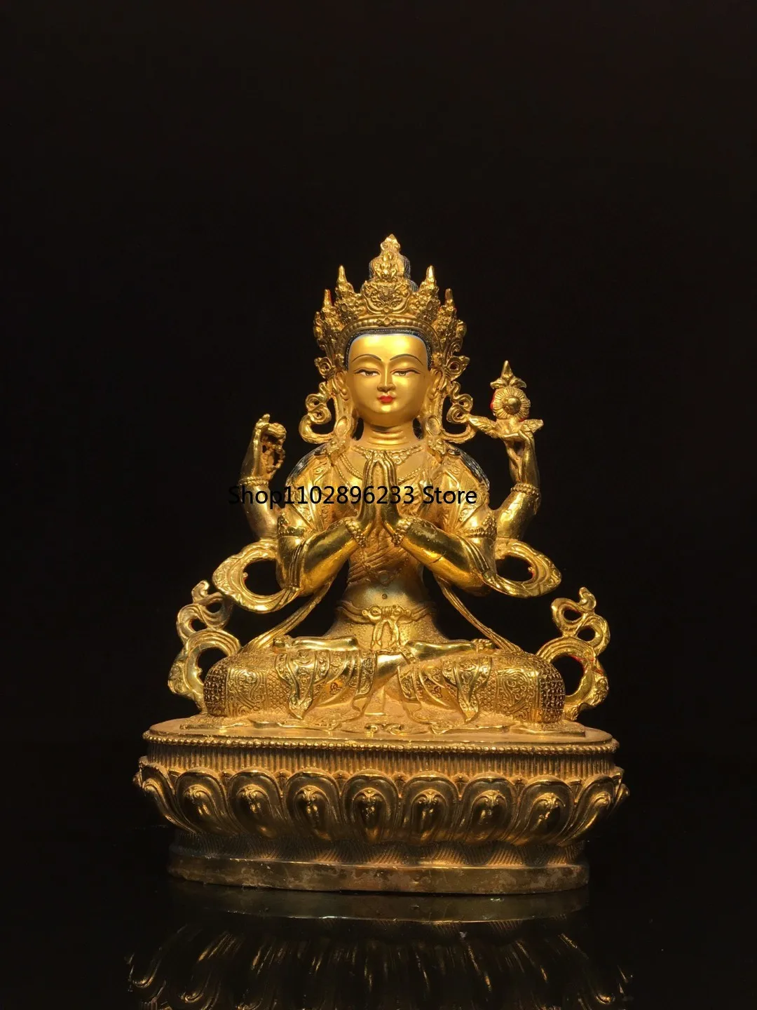 Tibetan Brass Gilt Face Painting Four Arms Tara Buddha Bodhisattva Statue Home Buddha Hall Supplies 29cm Ornament