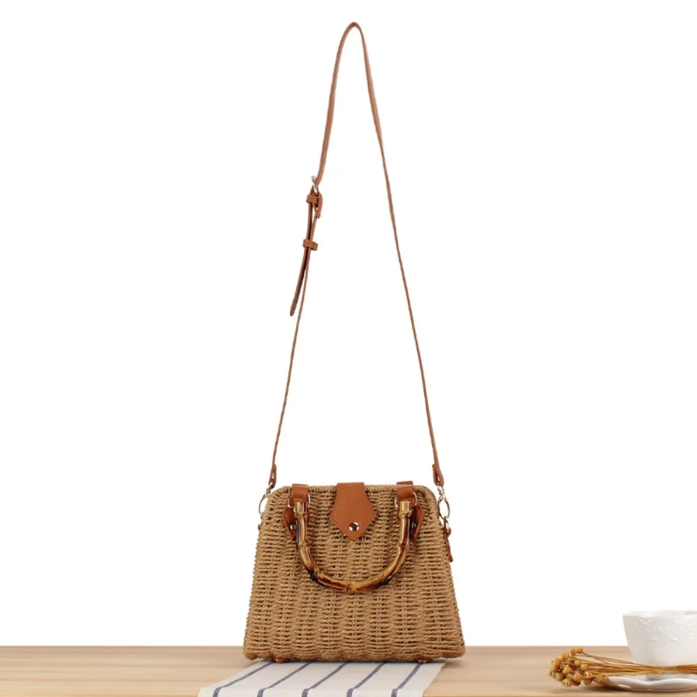 Elegant Vintage Bamboo Handle Rattan Straw Woven Bag Bohemian Crossbody Bag Outing Sling Bag Shoulder Bag