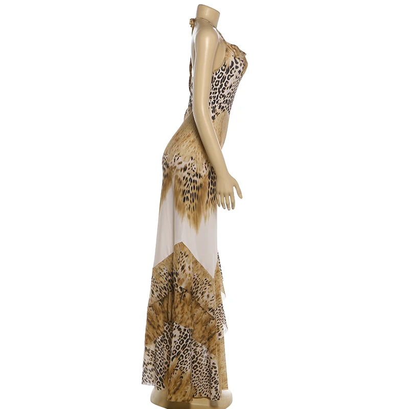 Sisterlinda Damen Langes Kleid mit Leopardenmuster, Trendiges Sexy Mode-Schnürkleid mit Neckholder, Rückenfreies Design, Tailliert, Rüschensaum, Elegantes Vestido – Detail 4