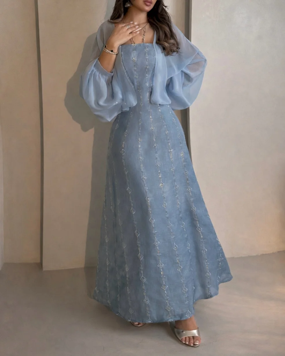 

Light Blue Embroidered Abaya Dress with Sheer Puff Sleeve Kimono Elegant Modest Party Gown for Women A line Ankle Length