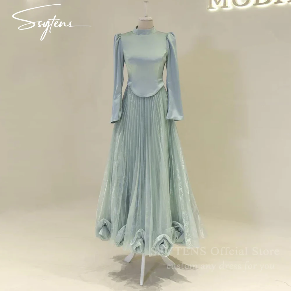 

SSYTENS Elegant Blue A-line 3D Flower Prom Dresses Long Sleeves Modest Party Evening Dress Sadui Event Gowns Customized 2025