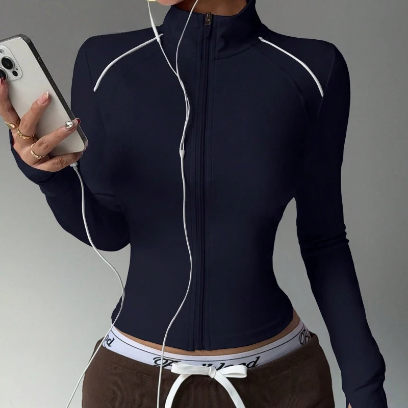American Y2K Sports Casual Jackets Women's Slim Long-sleeved Stand Collar Yoga Fitness Running Full-zip Crop Tops Cycling Jacket