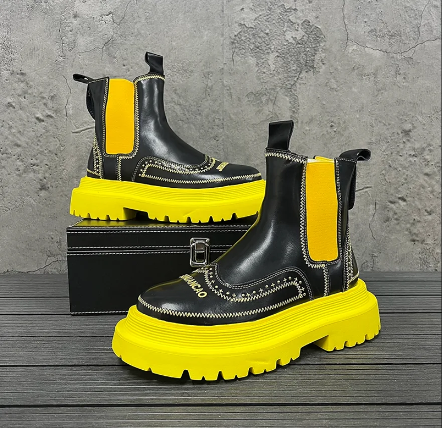 

Luxury Design Men Platform Chelsea Boots Thick Bottom Fashion Leather Embroidered Men's Boots Fashion Short Boots