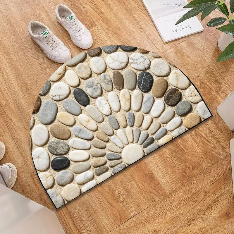 VIKAMA Neutral Pebble Shower Mat, Semi-Circle Natural Stone Soft Absorbent Bath Rug