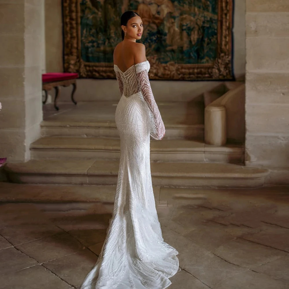 Abiti da sposa a sirena di lusso moderni per le donne Appliques di pizzo Illusion abiti da sposa con spalle scoperte con treno staccabile 2024